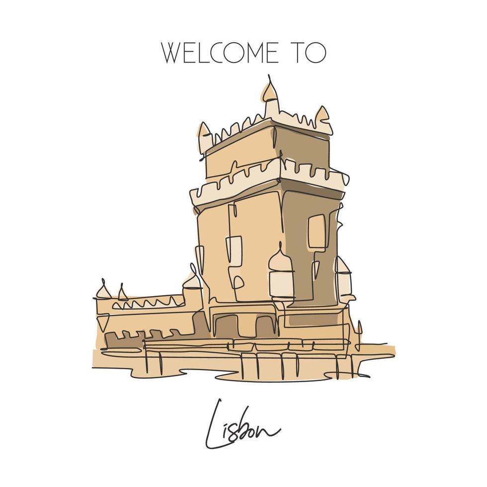 Single continuous line drawing Belem Tower landmark. Famous place in Lisbon, Portugal. World travel home wall decor art poster print campaign concept. Dynamic one line draw design vector illustration