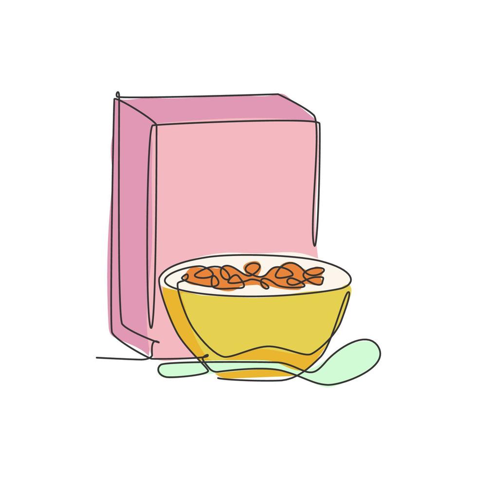 Single continuous line drawing of fresh stylized bowl of cereal breakfast with cereal box at dining table. Healthy natural food concept. Modern one line draw design vector graphic illustration
