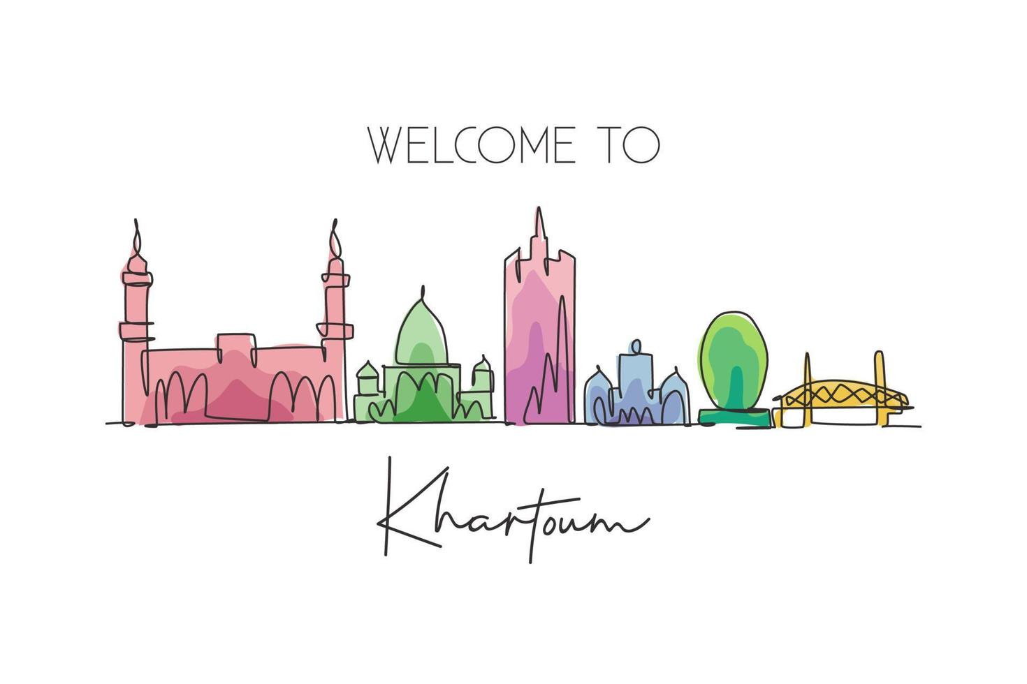 One continuous line drawing of Khartoum city skyline, Sudan. Beautiful landmark wall decor poster print art. World landscape tourism and travel. Stylish single line draw design vector illustration