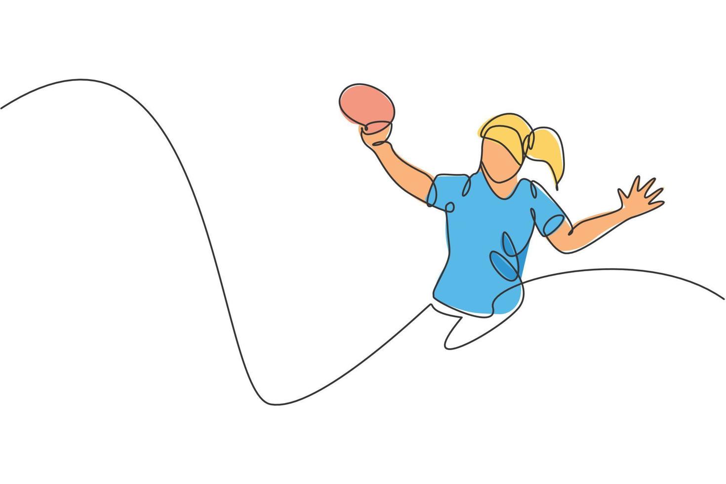 One single line drawing of young energetic woman table tennis player defense from rival vector illustration. Sport training concept. Modern continuous line draw design for ping pong tournament banner