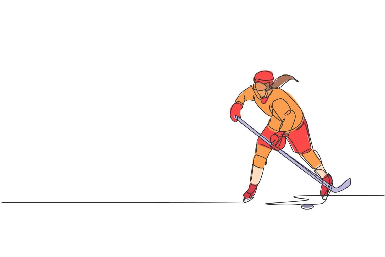 un dibujo de una sola línea de un joven jugador de hockey sobre hielo en acción para jugar un juego competitivo en el gráfico de ilustración vectorial del estadio de pista de hielo. concepto de torneo deportivo. diseño moderno de dibujo de línea continua vector