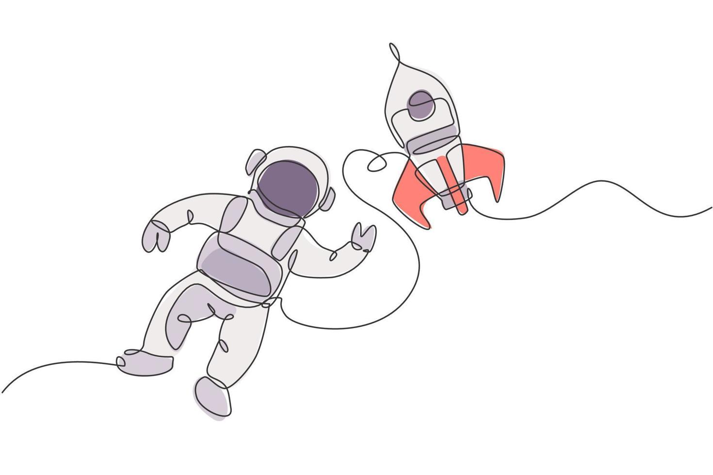 One single line drawing of astronaut in spacesuit floating and discovering deep space with rocket spaceship vector illustration. Exploring outer space concept. Modern continuous line draw design