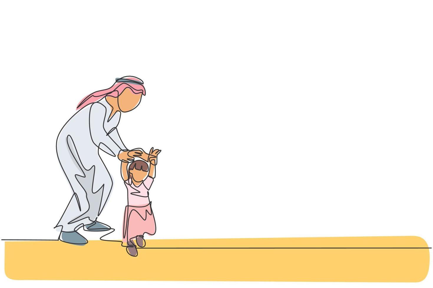 Single continuous line drawing of young Arabian dad holding his daughter's hand, teaching how to walk. Islamic muslim happy family fatherhood concept. Trendy one line draw design vector illustration