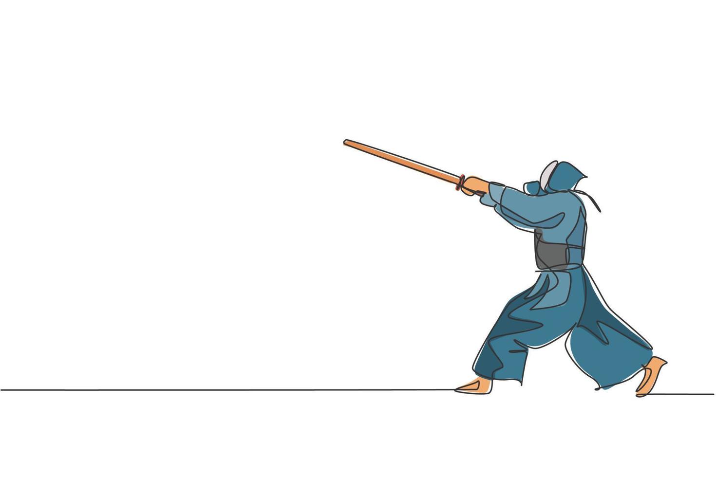 una sola línea de dibujo enérgico hombre ejercicio habilidad de ataque en el juego de kendo con espada de madera en el centro de gimnasio ilustración vectorial gráfica. concepto de deporte de lucha combativa. diseño moderno de dibujo de línea continua vector