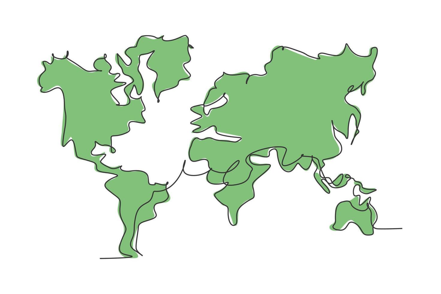 atlas mundial. dibujo continuo de una línea del diseño minimalista del ejemplo del vector del mapa del mundo en el fondo blanco. estilo gráfico moderno de línea simple aislada. concepto gráfico dibujado a mano para la educación