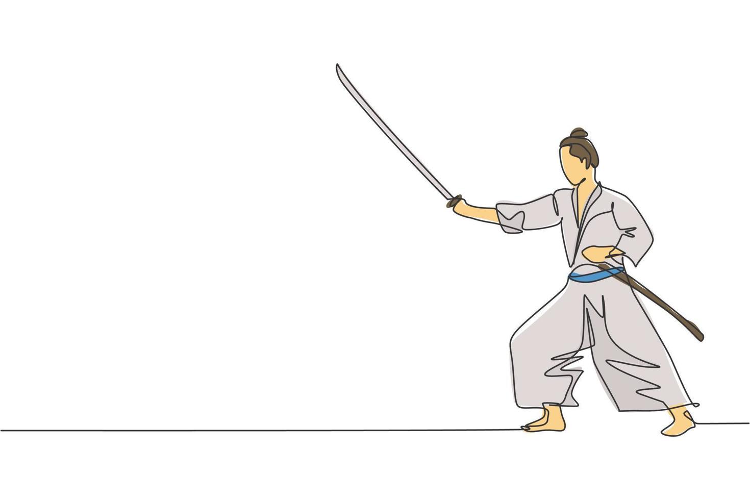 un dibujo de línea continua de la pose de guerrero samurai de valentía joven listo para atacar en la sesión de entrenamiento. concepto de deporte de combate de artes marciales. Ilustración de vector de diseño gráfico de dibujo de línea única dinámica