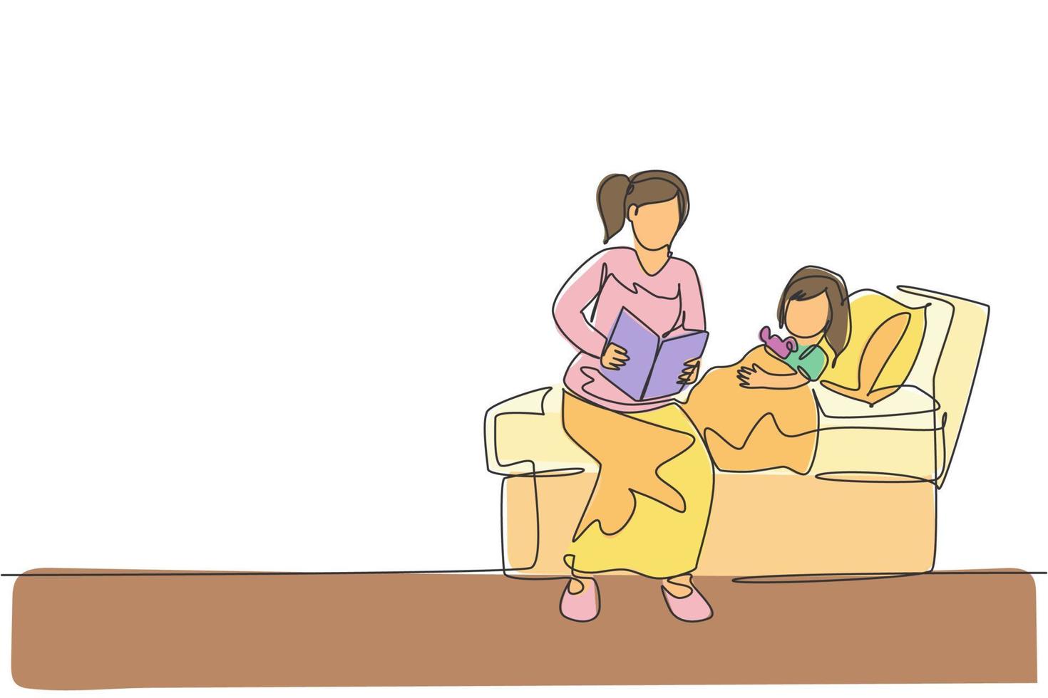 One continuous line drawing of young mom siting on bed room and reading story book to her daughter before sleeping. Happy family parenthood concept. Dynamic single line draw design vector illustration