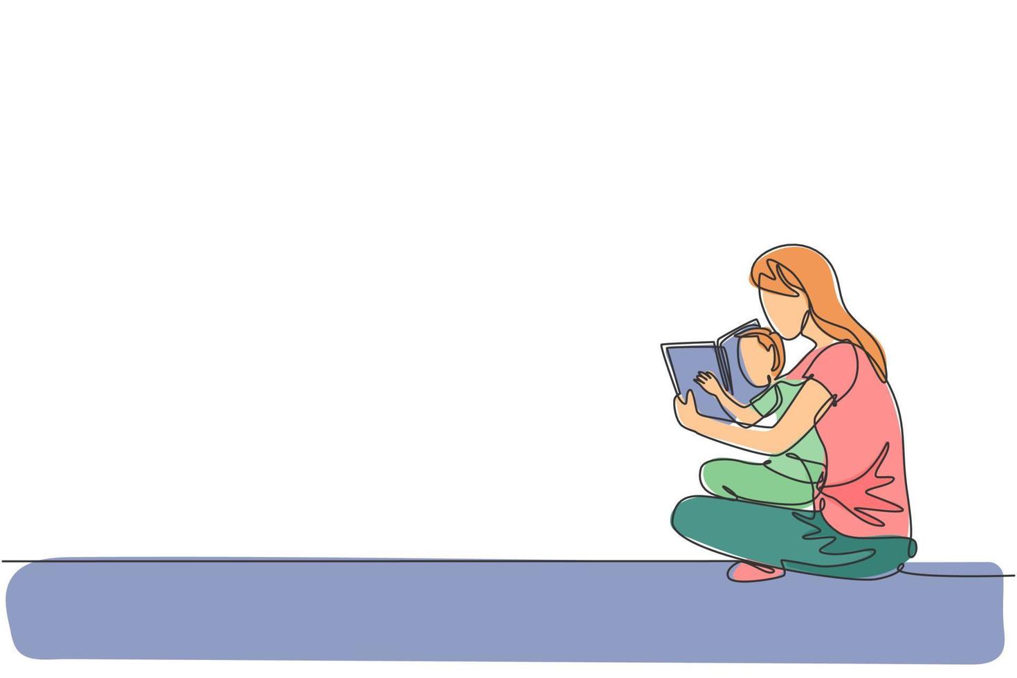 Un dibujo de una sola línea de una joven mamá sentada en el piso y leyendo un libro de cuentos a su hijo en la ilustración gráfica de vector de casa. concepto de crianza de los hijos de familia feliz. diseño moderno de dibujo de línea continua