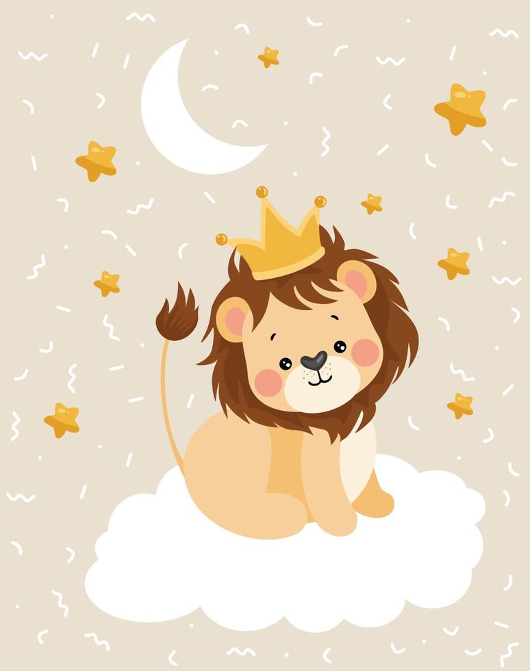 Good night card with king lion on cloud vector