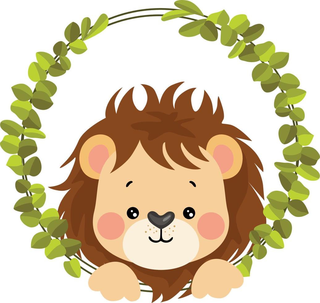 Cute lion peeking out of the frame of green leaves vector