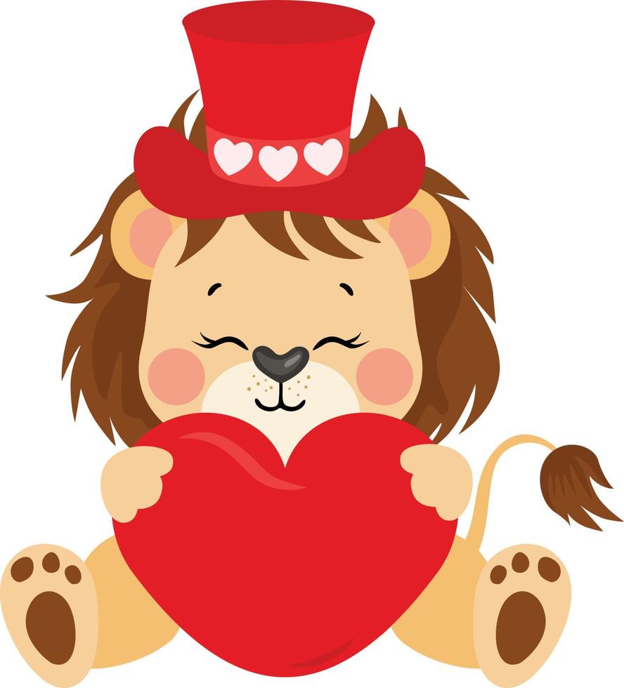 Adorable lion with red hat holding a valentine red heart vector