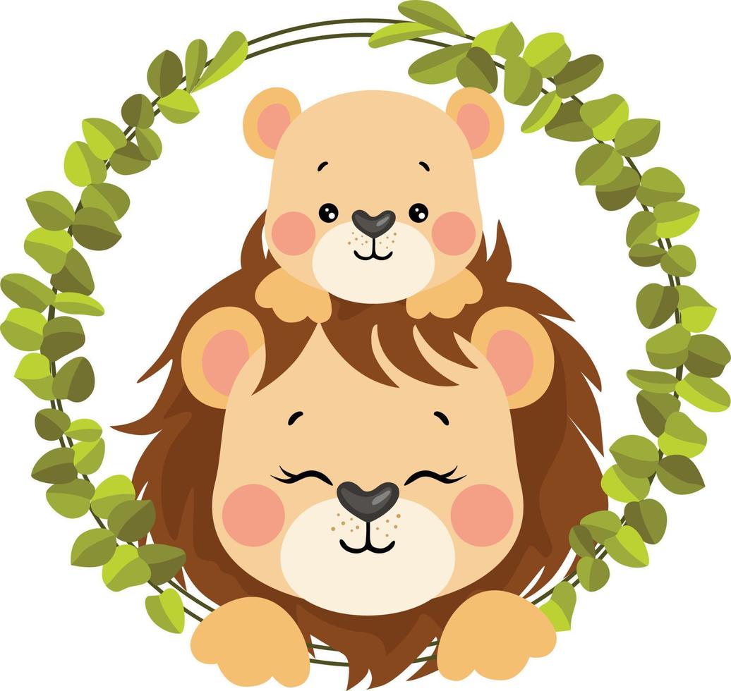 Dad lion with his baby on head peeking out of the frame of green leaves vector