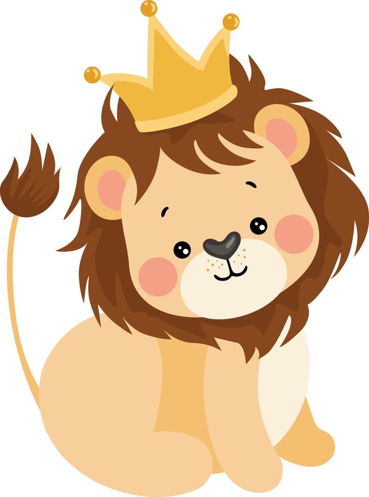 adorable león sentado con corona en cabeza vector