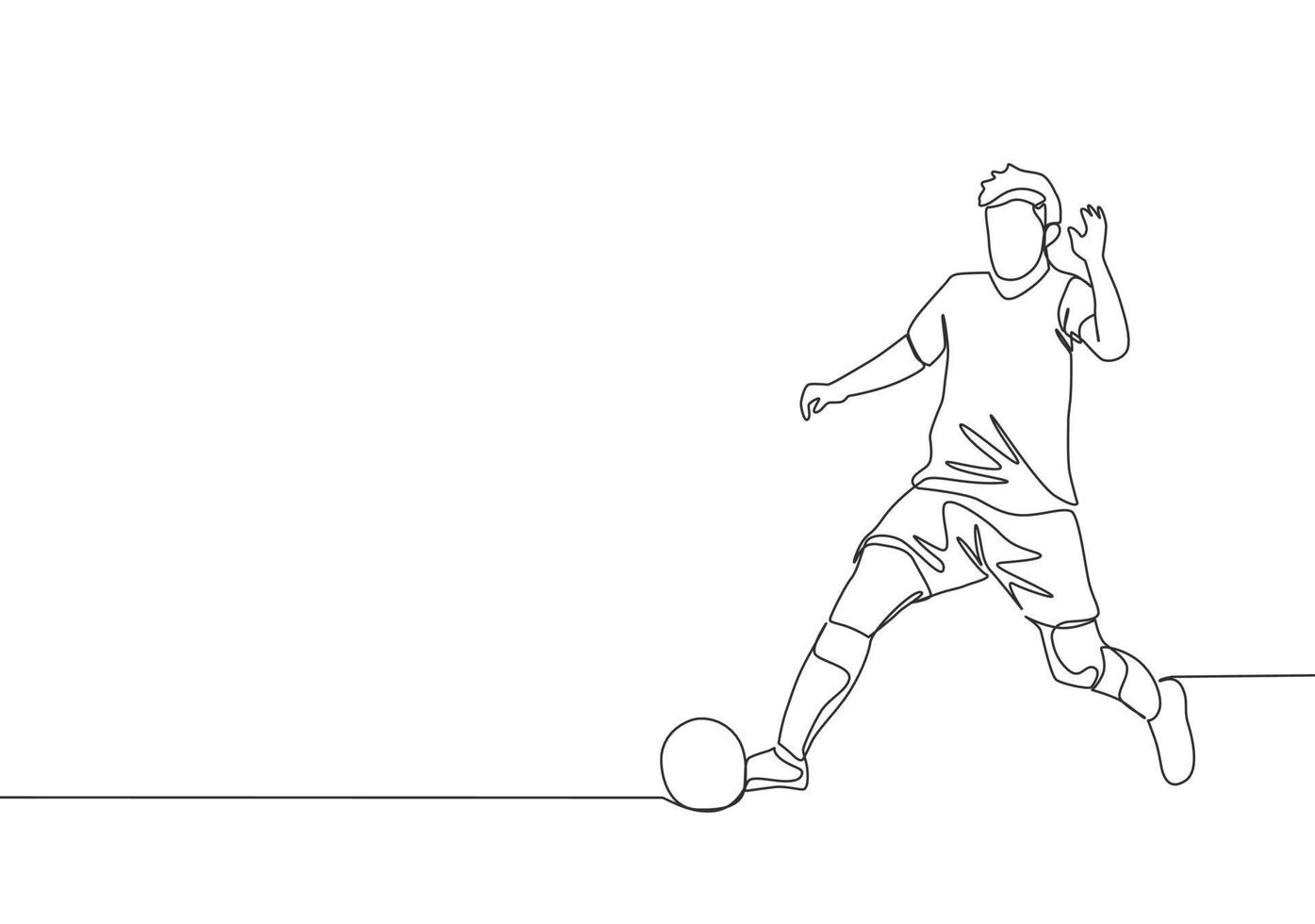 uno soltero línea dibujo de joven energético fútbol americano jugador ganar el pelota y regate eso a el del oponente área. fútbol partido Deportes concepto. continuo línea dibujar diseño vector ilustración