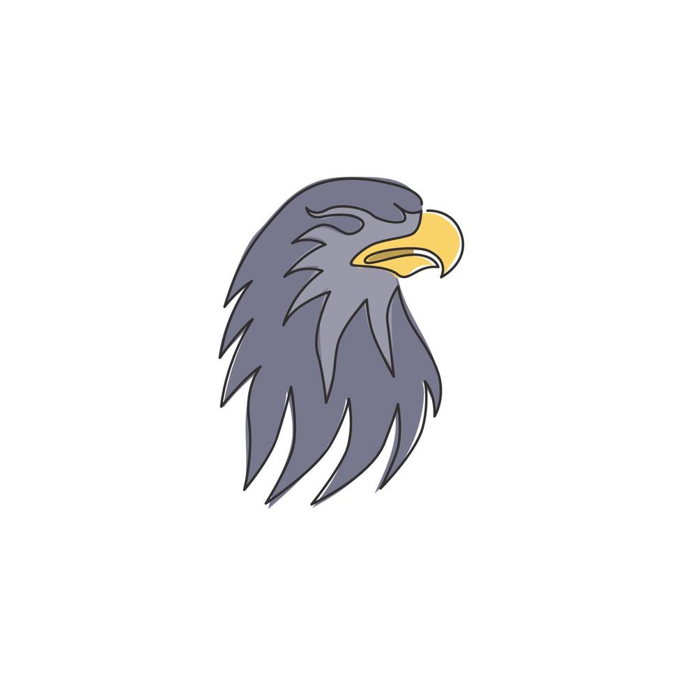 un dibujo de una sola línea de un pájaro de cabeza de águila fuerte para la identidad del logotipo de la empresa. concepto de mascota de halcón para el icono de la fuerza aérea. Ilustración de vector gráfico de diseño de dibujo de línea continua de moda