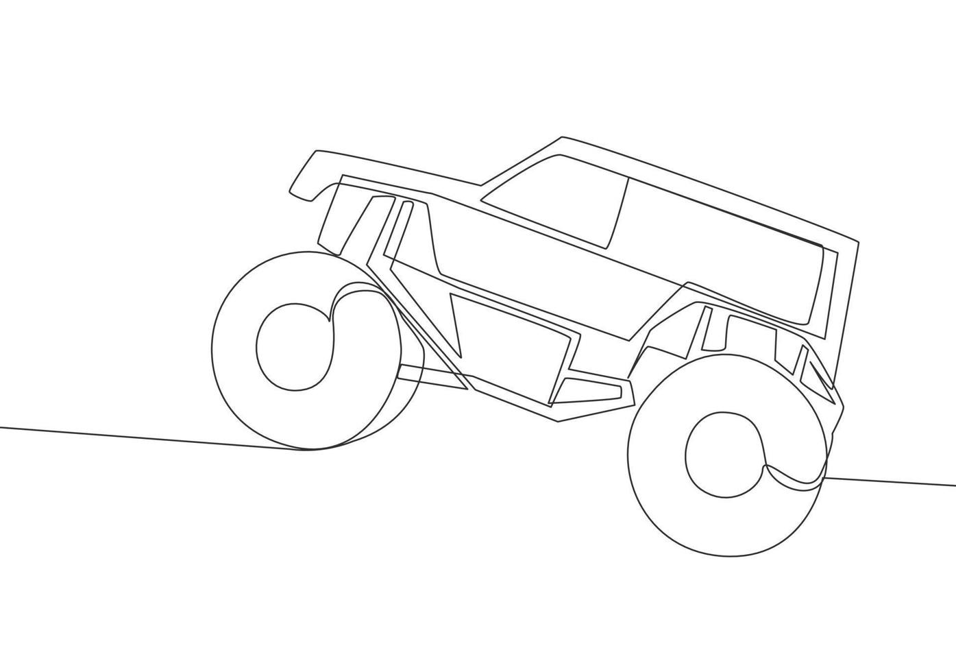 Continuous line drawing of 4x4 wheel steering offroad jeep trail car for competition and tournament. Rally adventure vehicle transportation concept. One single continuous line draw design vector