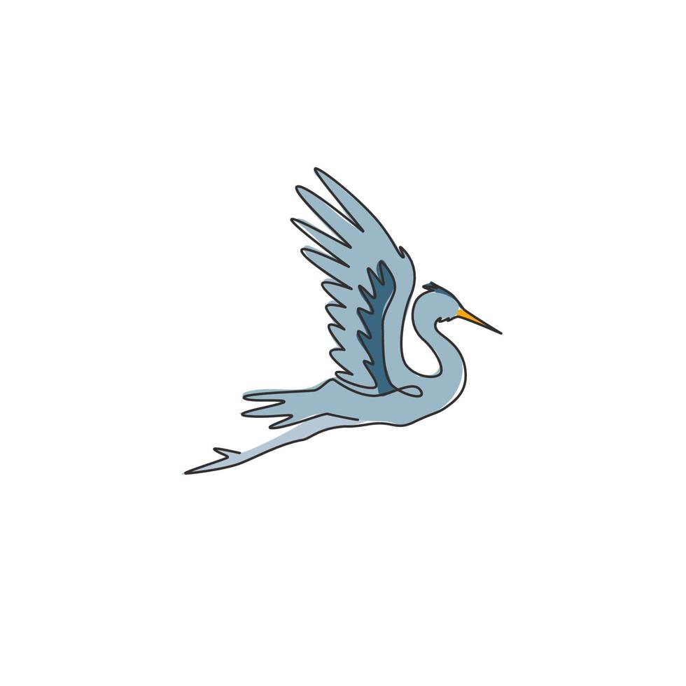 One continuous line drawing of cute flying heron for company logo identity. Coastal bird mascot concept for national park icon. Modern single line draw graphic design vector illustration