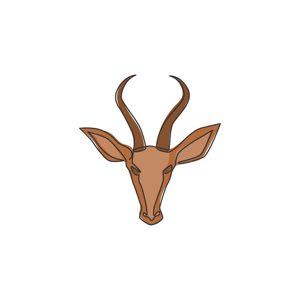 One continuous line drawing of adorable antelope head for company logo identity. Horned gazelle mascot concept for safari park icon. Single line graphic draw design vector illustration