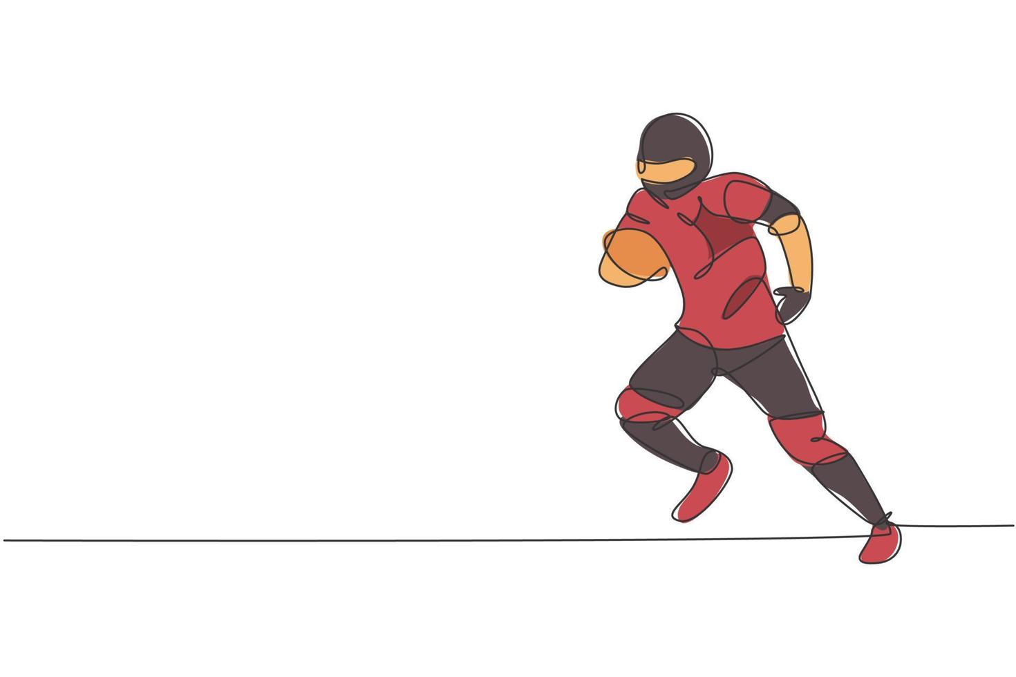 dibujo de una sola línea continua de un joven jugador de fútbol americano ágil que sostiene el balón y evita a los oponentes para los medios de competencia. concepto de ejercicio deportivo. ilustración de vector de diseño de dibujo de una línea de moda