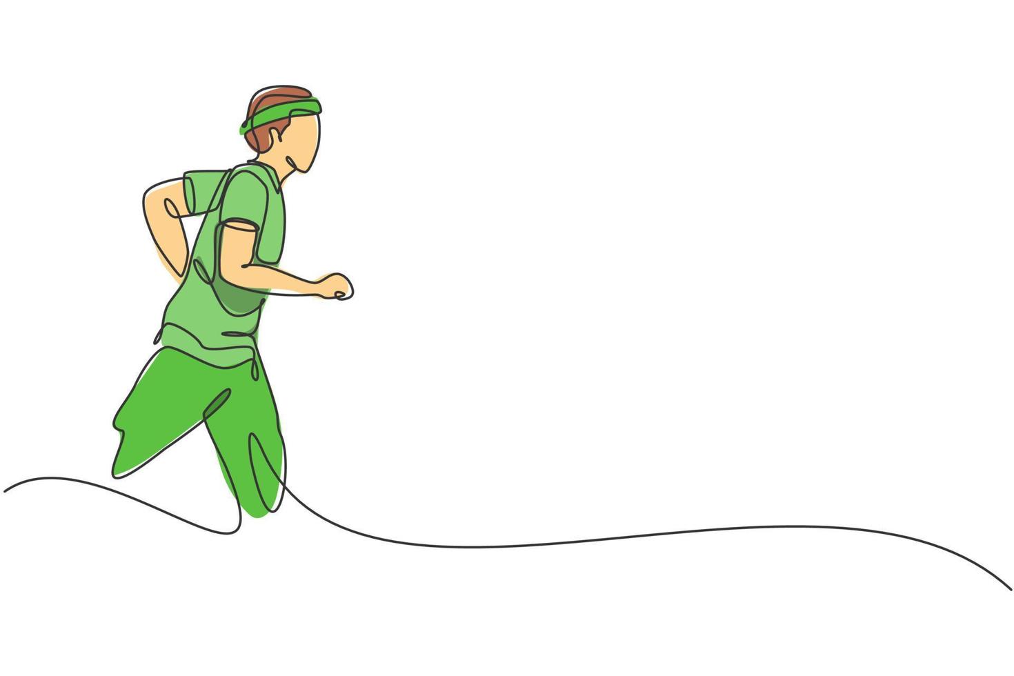 One continuous line drawing of young sporty runner man relax running at countryside. Healthy lifestyle and fun jogging sport concept. Dynamic single line draw design graphic vector illustration