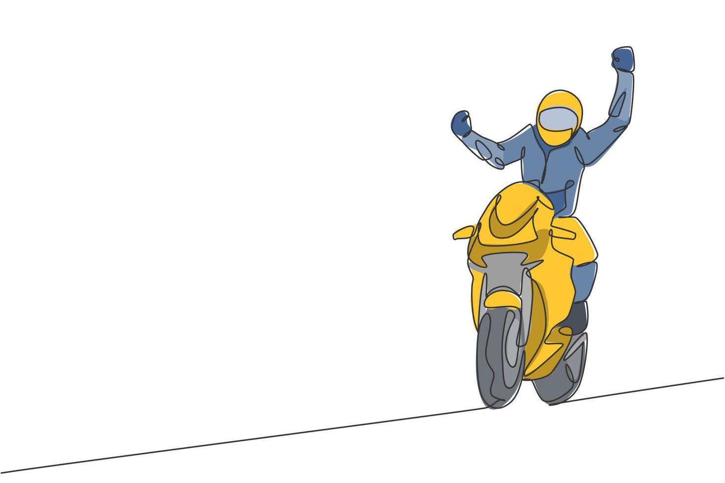 One single line drawing of young moto biker celebrate winning with raising his hands vector illustration. Superbike racing concept. Modern continuous line draw design for motor racer event banner