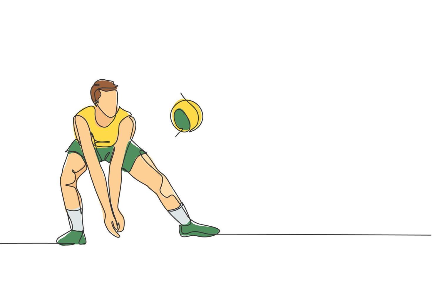 soltero continuo línea dibujo de masculino joven vóleibol atleta jugador en acción bloquear el pelota desde adversario. equipo deporte concepto. competencia juego. de moda uno línea dibujar diseño vector ilustración