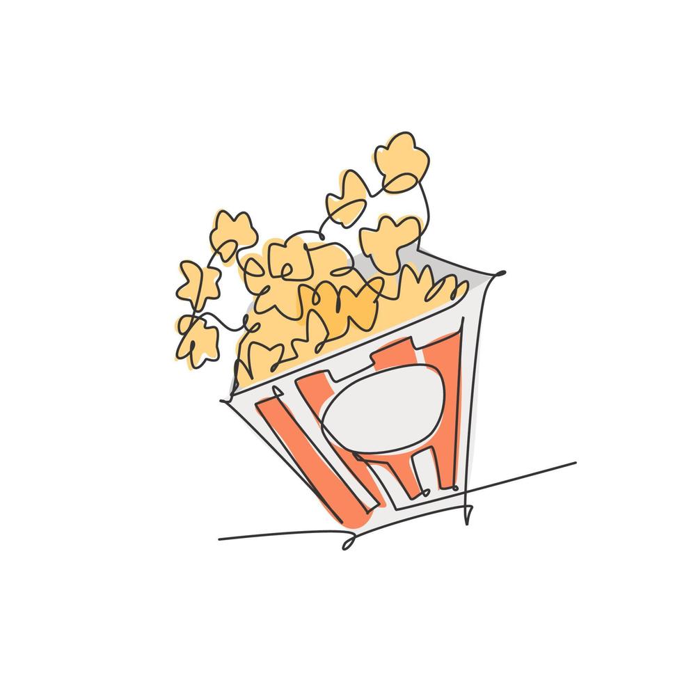 One single line drawing of fresh salty pop corn with stripped patter paper box vector graphic illustration. Snack for watching movies concept. Modern continuous line draw design