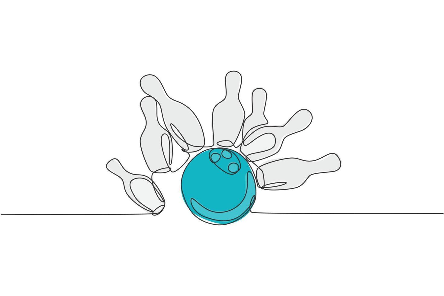 One continuous line drawing lined up bowling pins falling apart hit by ball at bowling lane. Healthy sport and lifestyle activity concept. Dynamic single line draw design vector graphic illustration