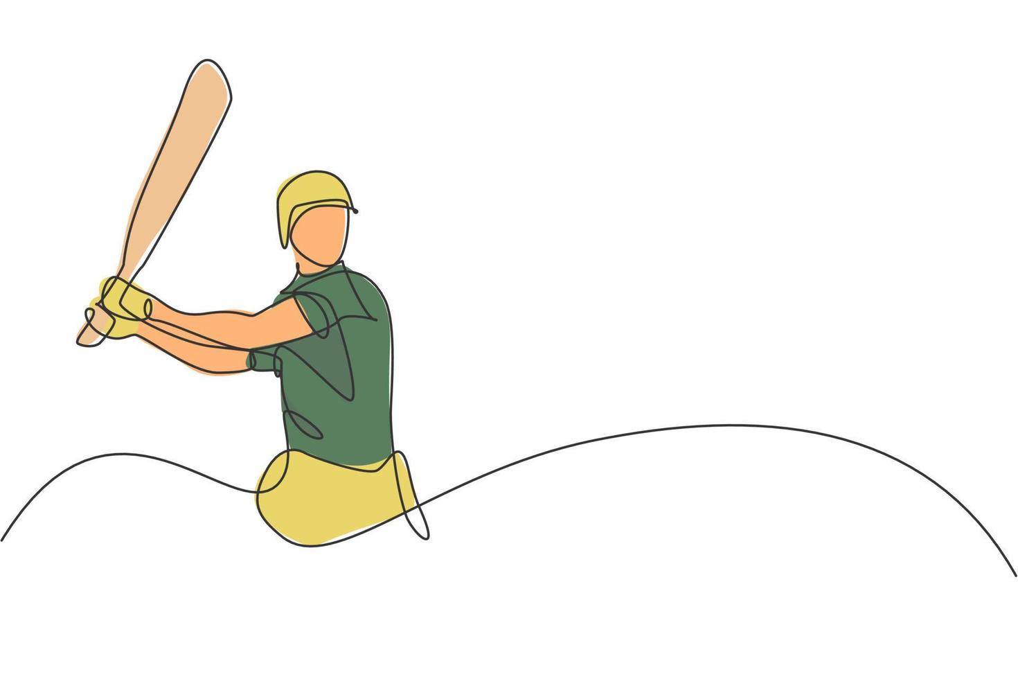 un dibujo de una sola línea de la postura del joven jugador de cricket enérgico en el estadio para golpear la ilustración del vector de la pelota. concepto de deporte diseño moderno de dibujo de línea continua para banner de competencia de cricket