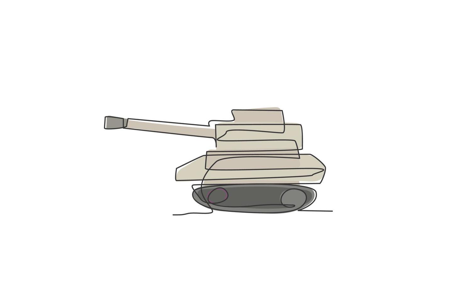 dibujo de línea continua única de tanque de guerra de metal con cañón de cañón, vista lateral. concepto de vehículo de transporte. Ilustración de vector de diseño gráfico de dibujo de una línea de moda