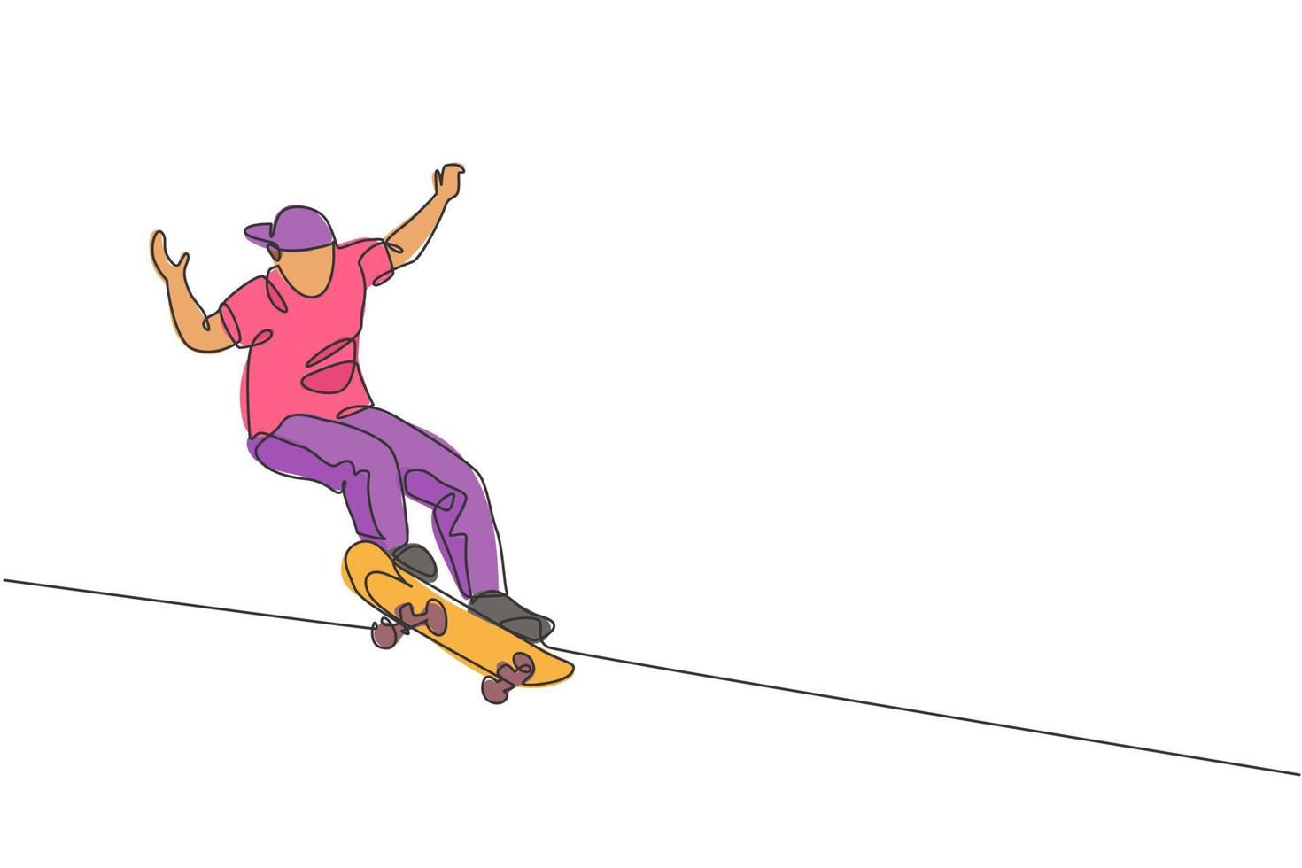 Single continuous line drawing of young cool skateboarder man riding skate and performing jump trick in skate park. Practicing outdoor sport concept. Trendy one line draw design vector illustration