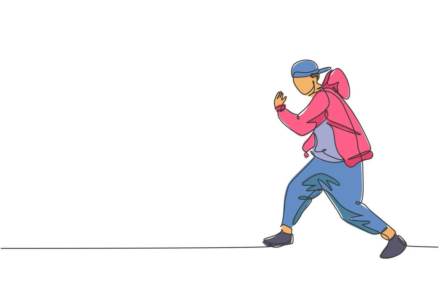 One continuous line drawing of young sporty break dancer man with tracksuit show hip hop dance style in the street. Urban lifestyle sport concept. Dynamic single line draw design vector illustration