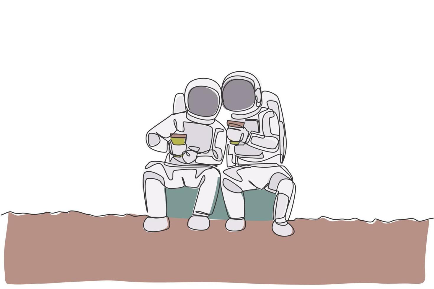 One single line drawing two young happy astronauts sitting while drinking coffee together in moon surface graphic vector illustration. Cosmonaut outer space concept. Modern continuous line draw design
