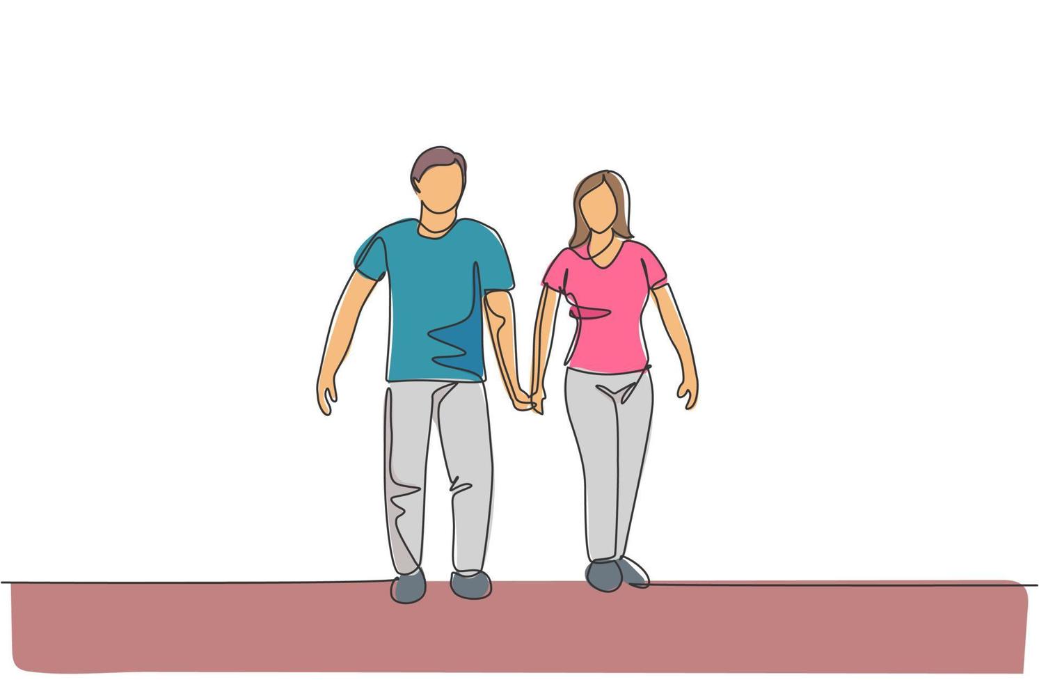 un solo dibujo de una pareja joven esposa y esposo caminando juntos mientras se toman de la mano en la ilustración de vector de parque. concepto de crianza de los hijos de familia feliz. diseño moderno de dibujo de línea continua