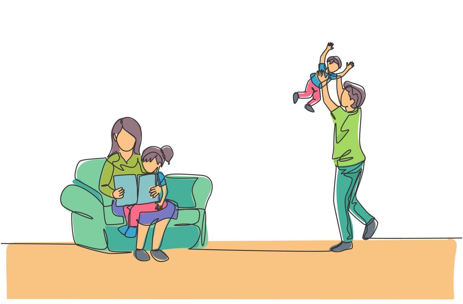 One continuous line drawing of young mom sitting on sofa and reading book to son while dad play with daughter at home. Happy family parenting concept. Single line draw design vector illustration