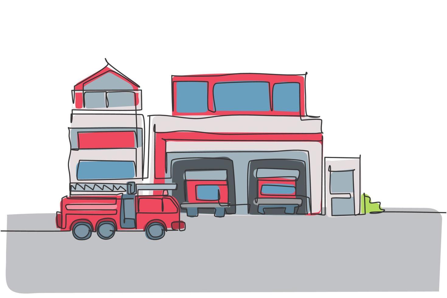Single continuous line drawing of fire station building construction. Firefighter base camp isolated minimalism concept. Dynamic one line draw graphic design vector illustration on white background