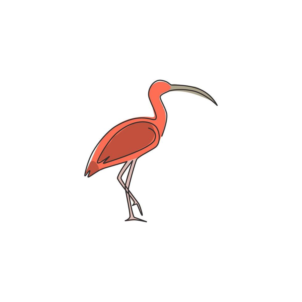 dibujo de una sola línea continua de una adorable garza de pie para la identidad del logotipo de la empresa. concepto de mascota de pájaro de pico largo para el icono del parque nacional de conservación. Ilustración de vector de diseño de dibujo de una línea moderna