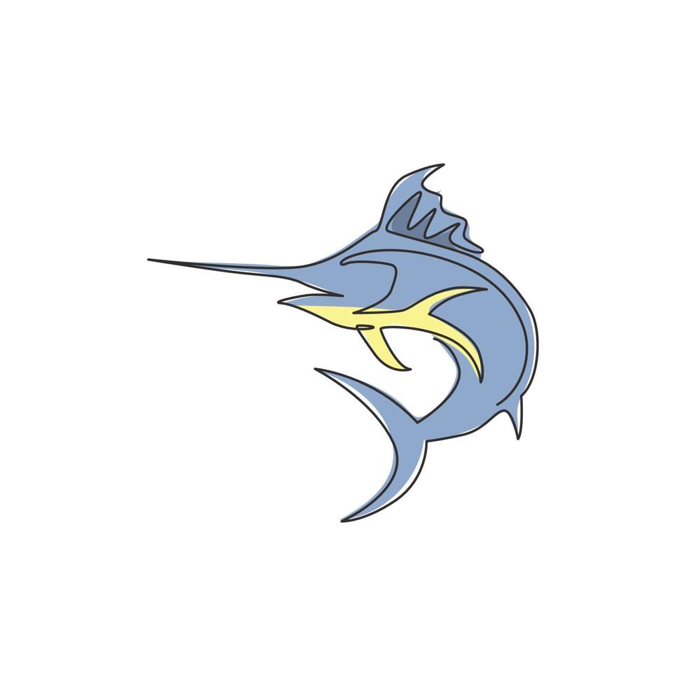 un dibujo de línea continua de un gran marlin salvaje para la identidad del logotipo de la empresa marina. concepto de mascota de pez saltando para el icono de competencia de pesca. Ilustración gráfica de vector de diseño de dibujo de una sola línea