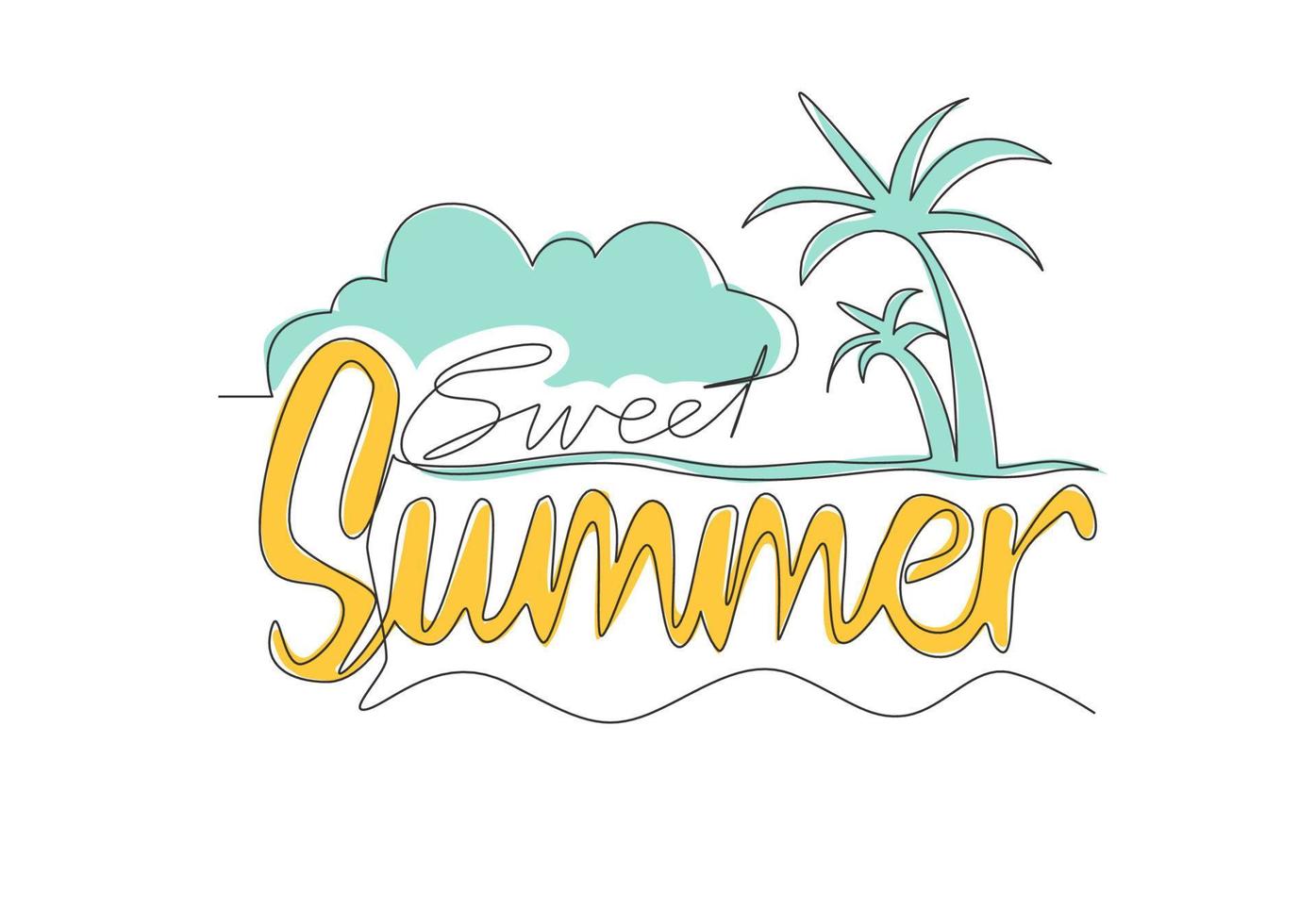 Single continuous line drawing of cute and cool travel holiday typography quote - Sweet Summer. Calligraphic design for print, card, banner, poster. One line graphic draw design vector illustration