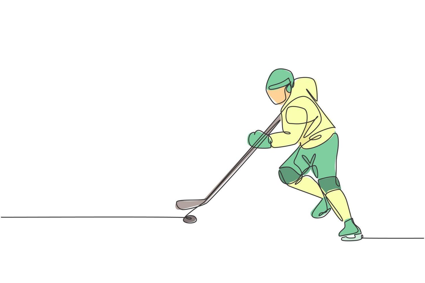 One single line drawing of young ice hockey player in action to play a competitive game on ice rink stadium vector illustration graphic. Sport tournament concept. Modern continuous line draw design