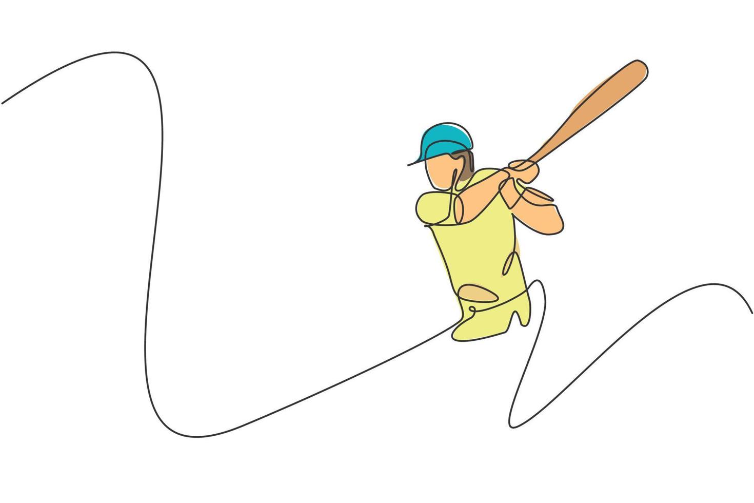One continuous line drawing of young sporty man baseball player exercise to hit the ball. Competitive sport concept. Dynamic single line draw design vector graphic illustration for promotion poster