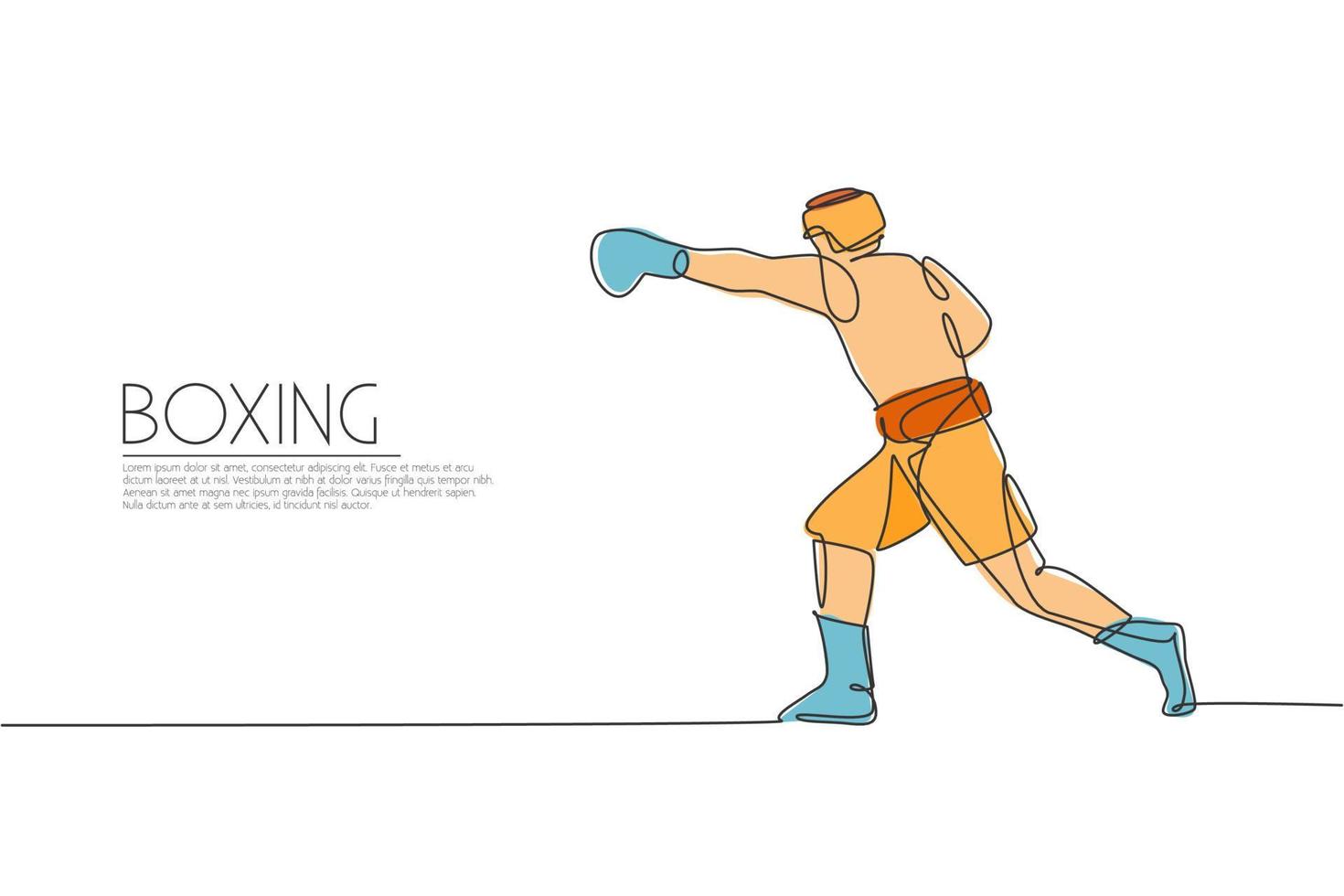 One continuous line drawing of young sporty man boxer practicing hook punch. Competitive combat sport concept. Dynamic single line draw design vector illustration for boxing match promotion poster