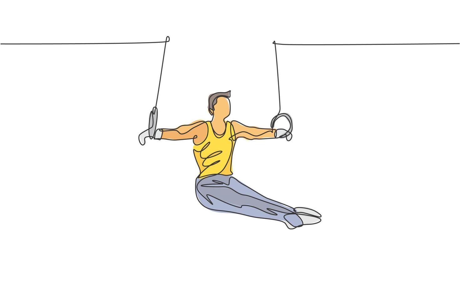 un dibujo de una sola línea de un joven y apuesto gimnasta ejerciendo gráficos de ilustración vectorial de anillos constantes. estilo de vida saludable y concepto de deporte atlético. diseño moderno de dibujo de línea continua vector