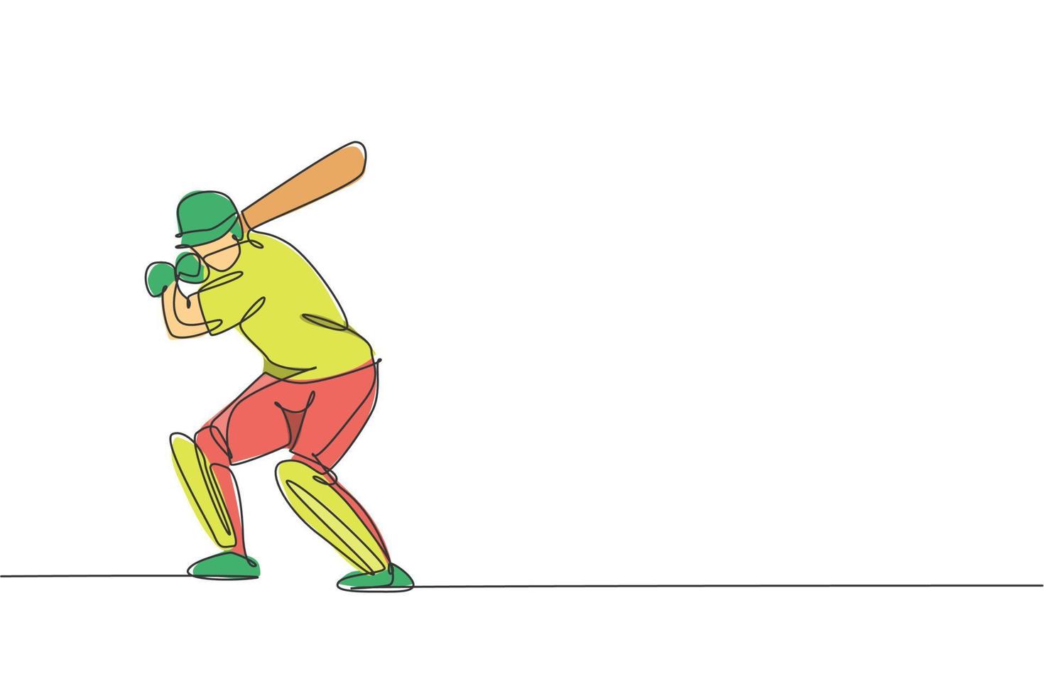 One single line drawing of young energetic man cricket player stance standing to practice hit ball vector illustration. Sport concept. Modern continuous line draw design for cricket competition banner