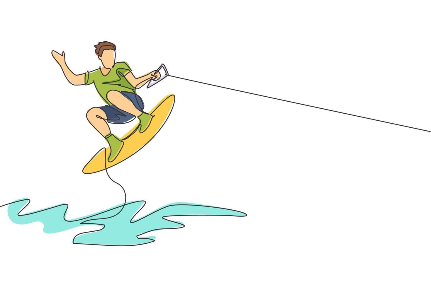 One single line drawing of young sporty man play wakeboarding in the sea beach vector illustration. Healthy lifestyle and extreme sport concept. Summer vacation. Modern continuous line draw design