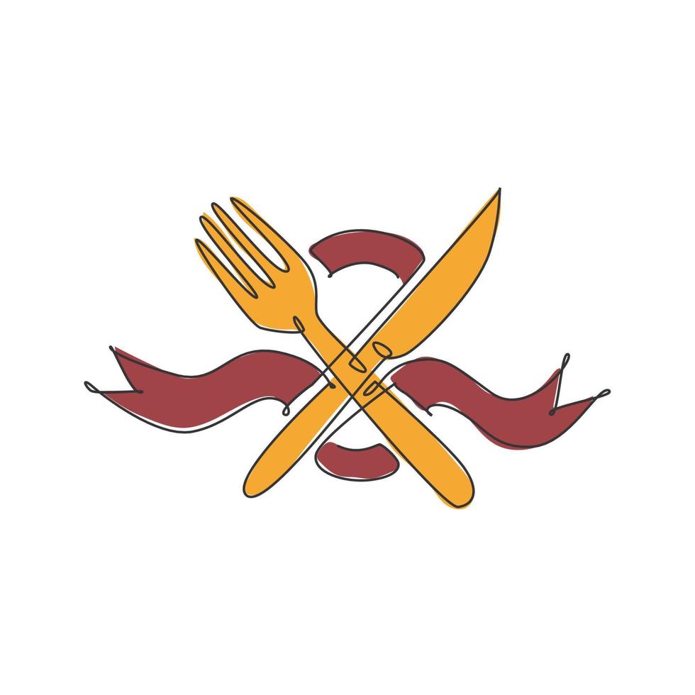 un dibujo de línea continua de cuchillo y tenedor con cinta para el emblema del logo del restaurante. concepto de plantilla de logotipo de cafetería de lujo. Ilustración de vector gráfico de diseño de dibujo de una sola línea moderna