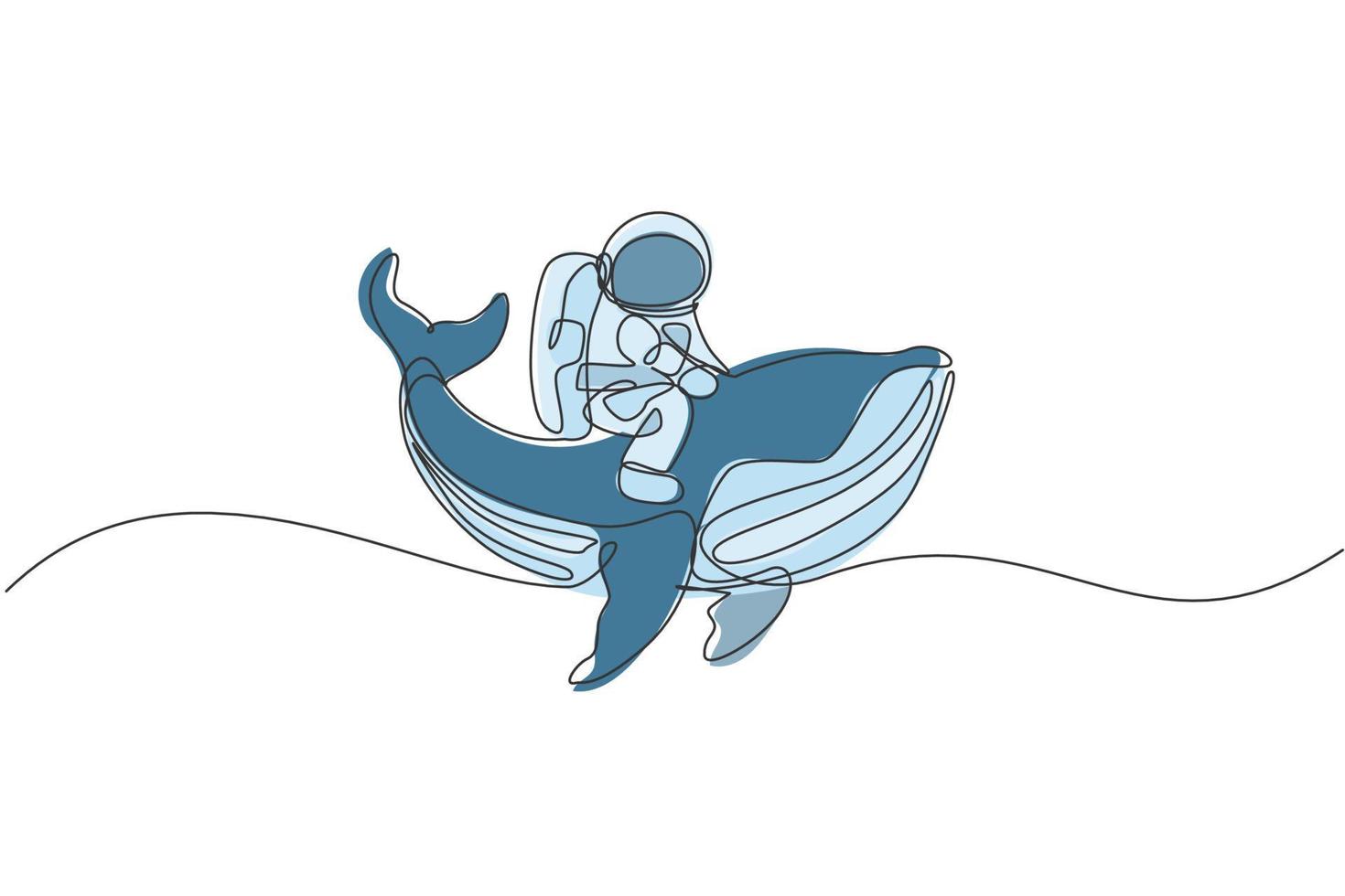 Single continuous line drawing of cosmonaut with spacesuit riding blue whale, giant mammal animal in universe. Fantasy astronaut safari journey concept. Trendy one line draw design vector illustration
