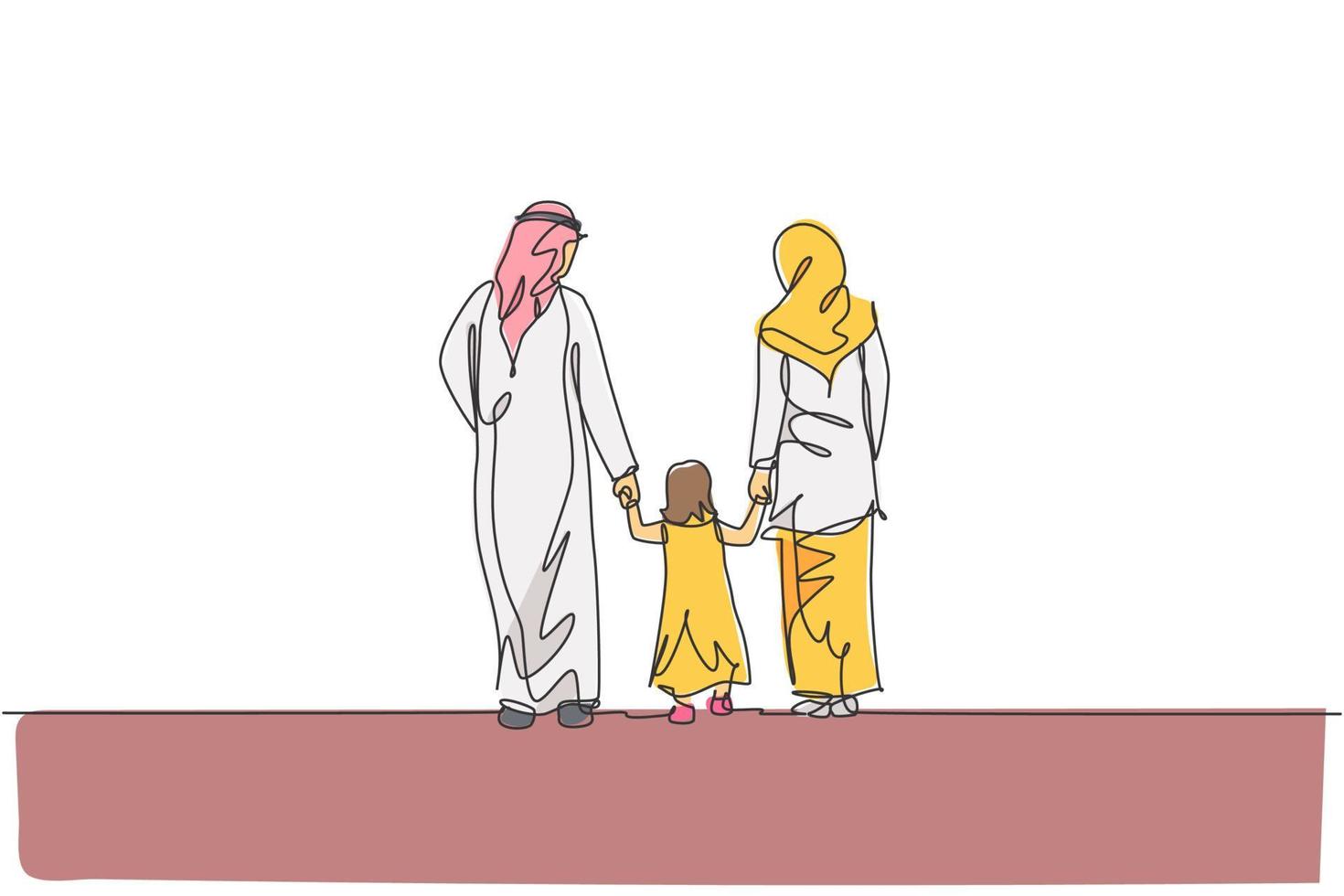 Single continuous line drawing of young Islamic mom and dad walk while hold their daughter girl's hand together. Arabian Muslim happy family parenting concept. One line draw design vector illustration