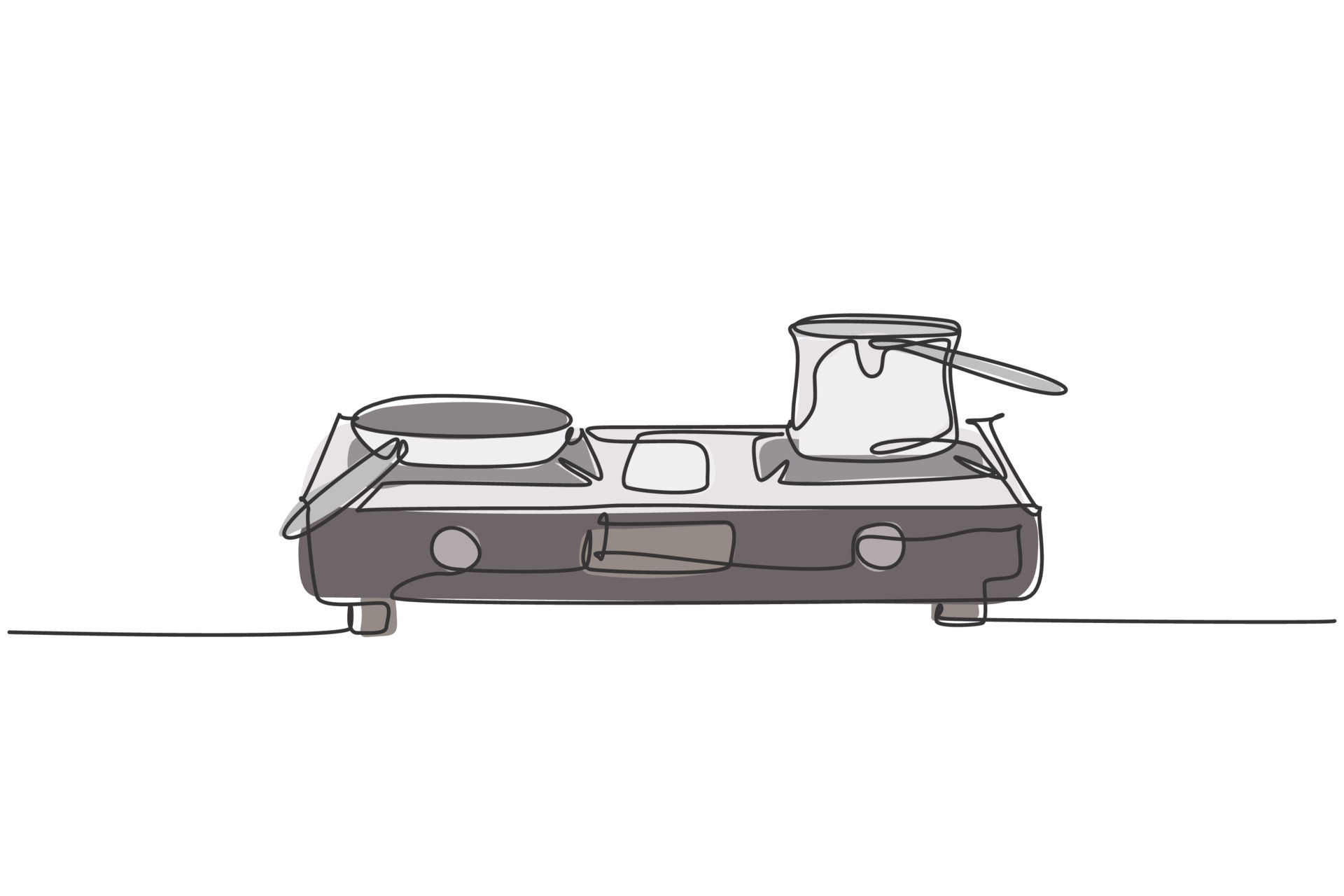 One continuous line drawing of gas stove with stainless steel pan above