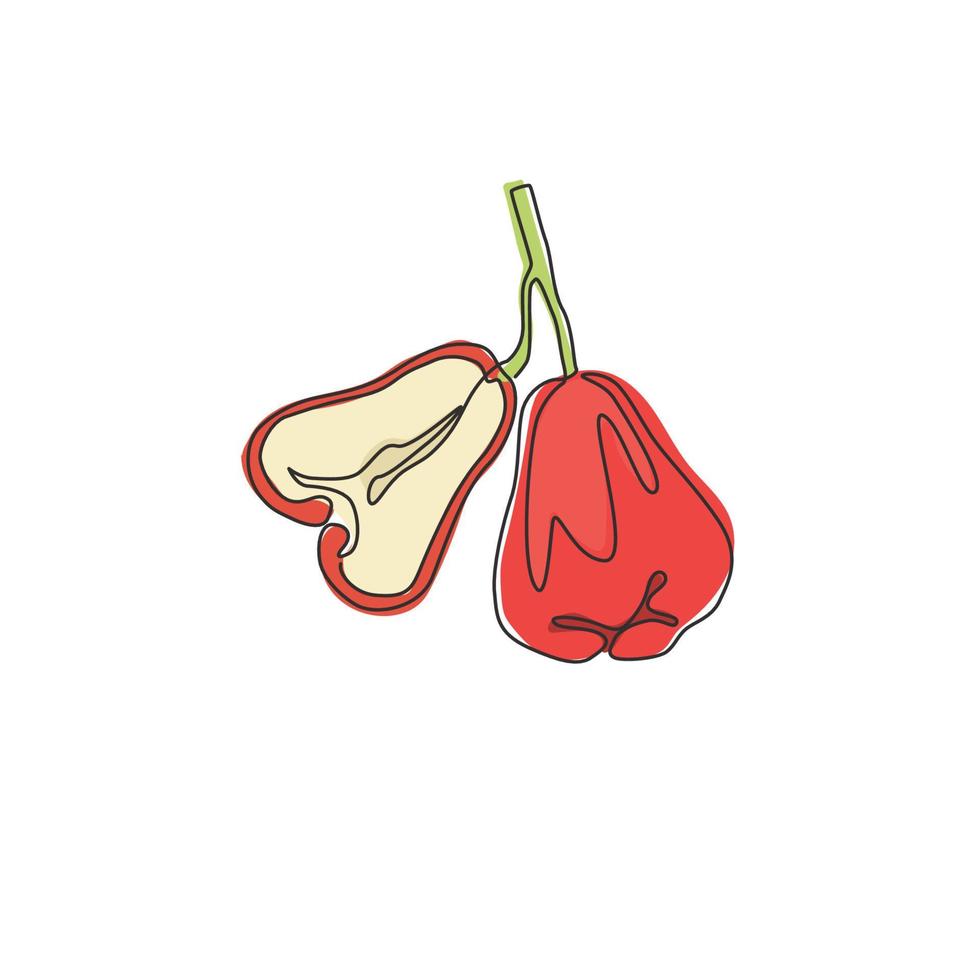 One continuous line drawing of whole healthy organic bell fruits for orchard logo identity. Fresh bellfruit concept for fruit garden icon. Modern single line draw design graphic vector illustration